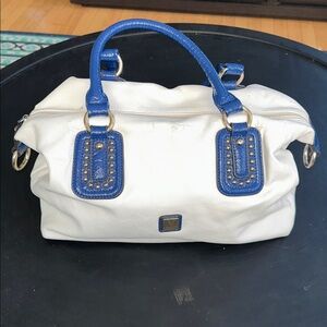V Couture by Kooba Staci Satchel Shoulder Bag - White w/ Navy Blue Patent Trim